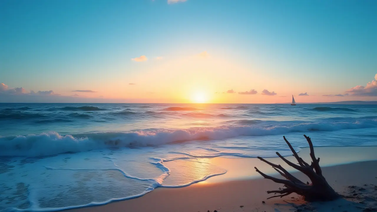A panoramic view of a beach at sunset with waves and driftwood in foreground.