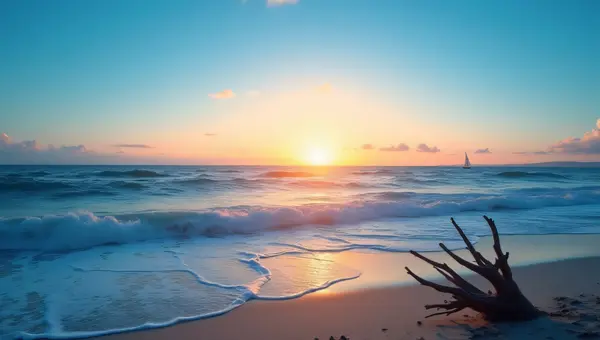 Wide Blue Beach Sunset With Gentle Waves And Driftwood