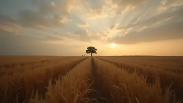Wide Brown Field Under Gray Orange Sky