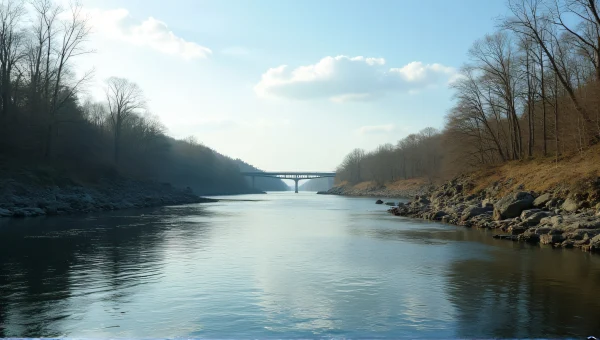 Wide River Under Bright Daylight With Bridge