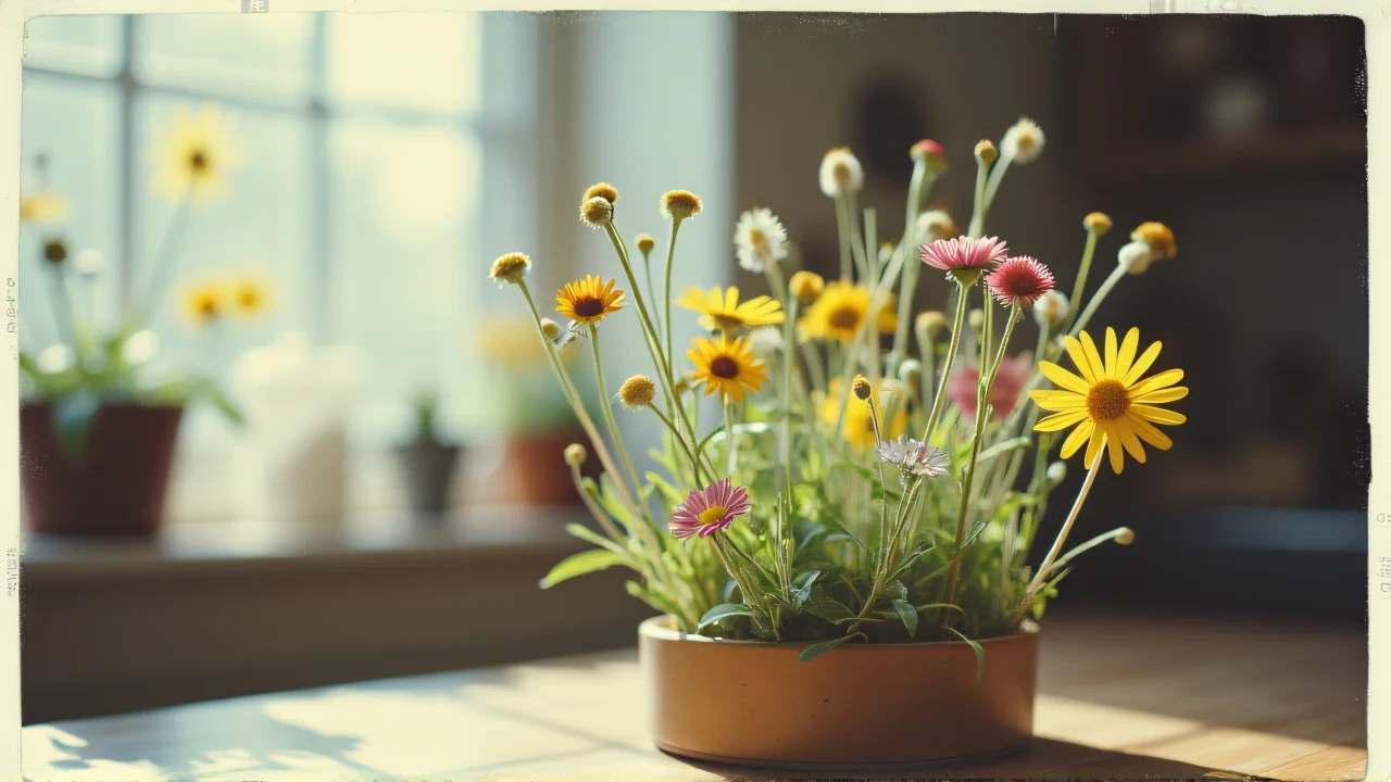 A Polaroid image featuring mixed wildflowers on a wooden table illuminated by soft natural light.