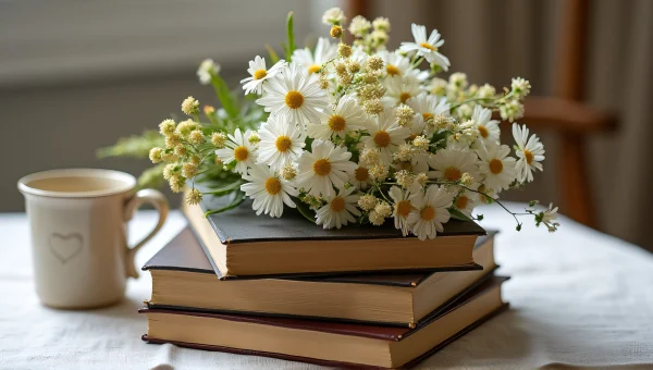 Wildflowers On Books With Mug On Linen Table