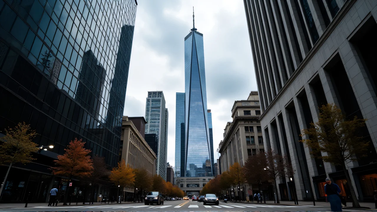 Low-angle view of Willis Tower with city streets and pedestrians.