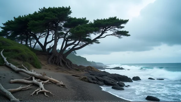 Wind-Swept Trees By Rocky Shoreline With Ocean