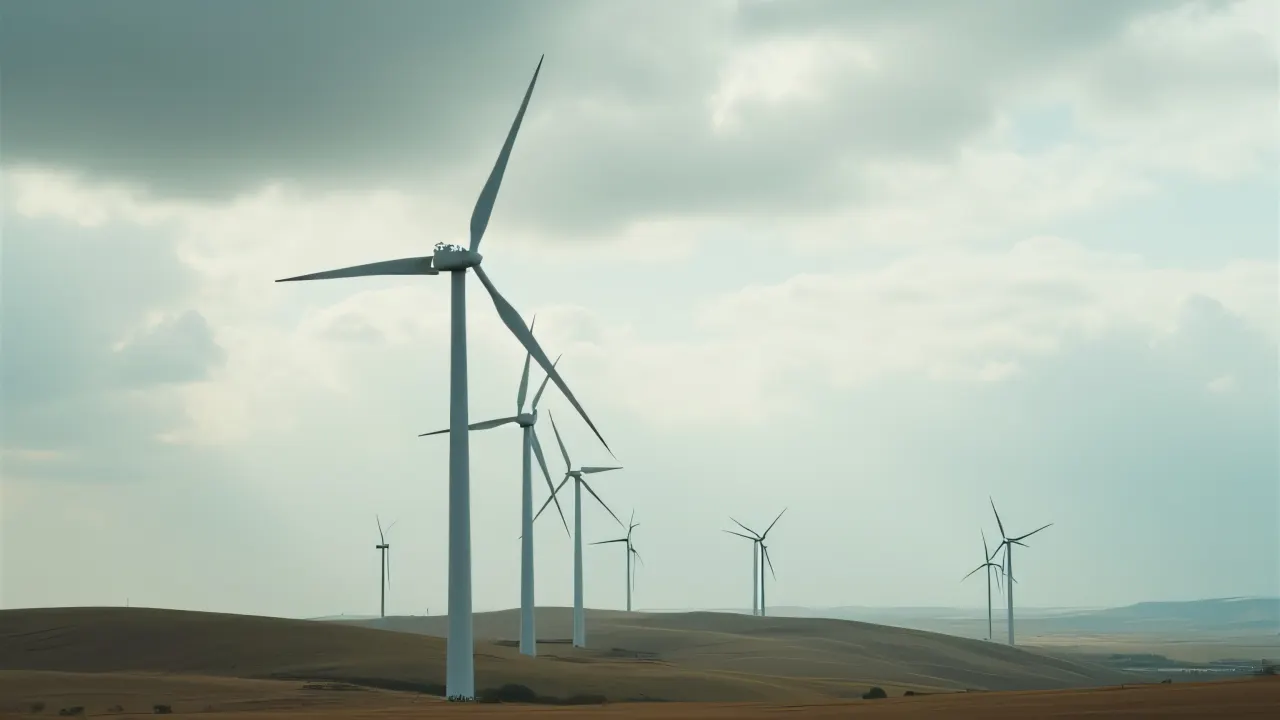 Wide-angle view of wind turbines on farmland under a cloudy sky.