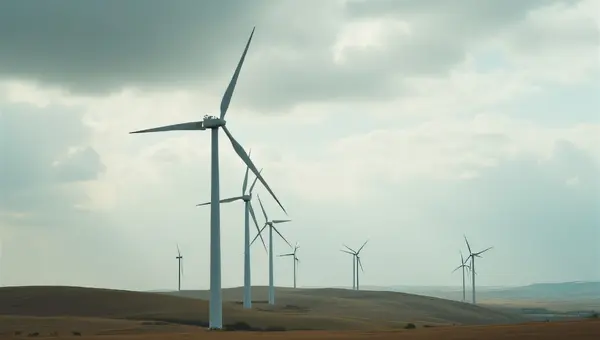 Wind Turbines on Farmland Under Cloudy Sky