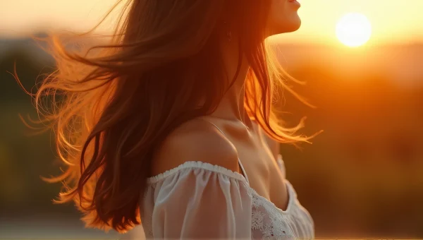 Wind-Whipped Hair Lace Blouse Sunset Close-Up