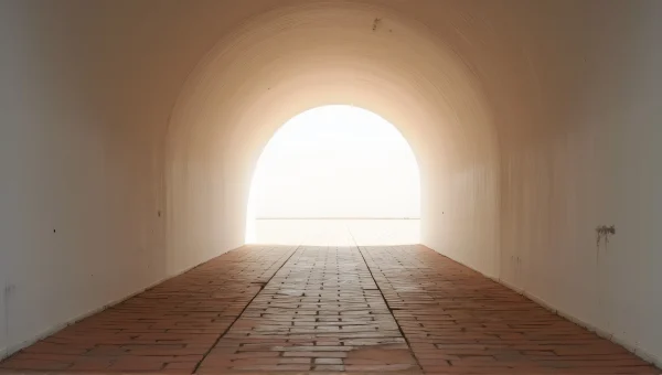 Winding Brick Pathway Under White Arch Tunnel