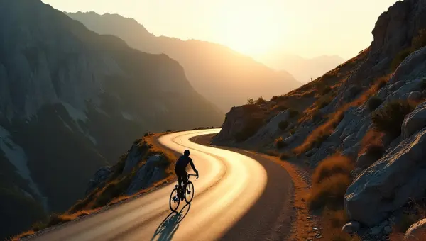 Winding Mountain Road Cyclist Ascent at Sunset