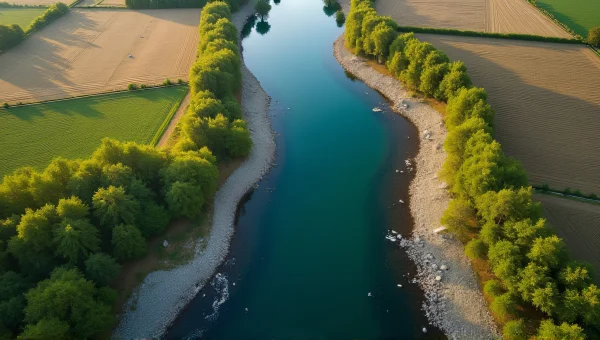 Winding River Aerial View Over Fields and Rocks