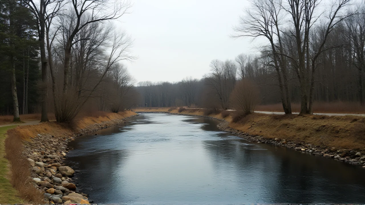 A winding river flows alongside a forest of mixed trees under a soft sky.