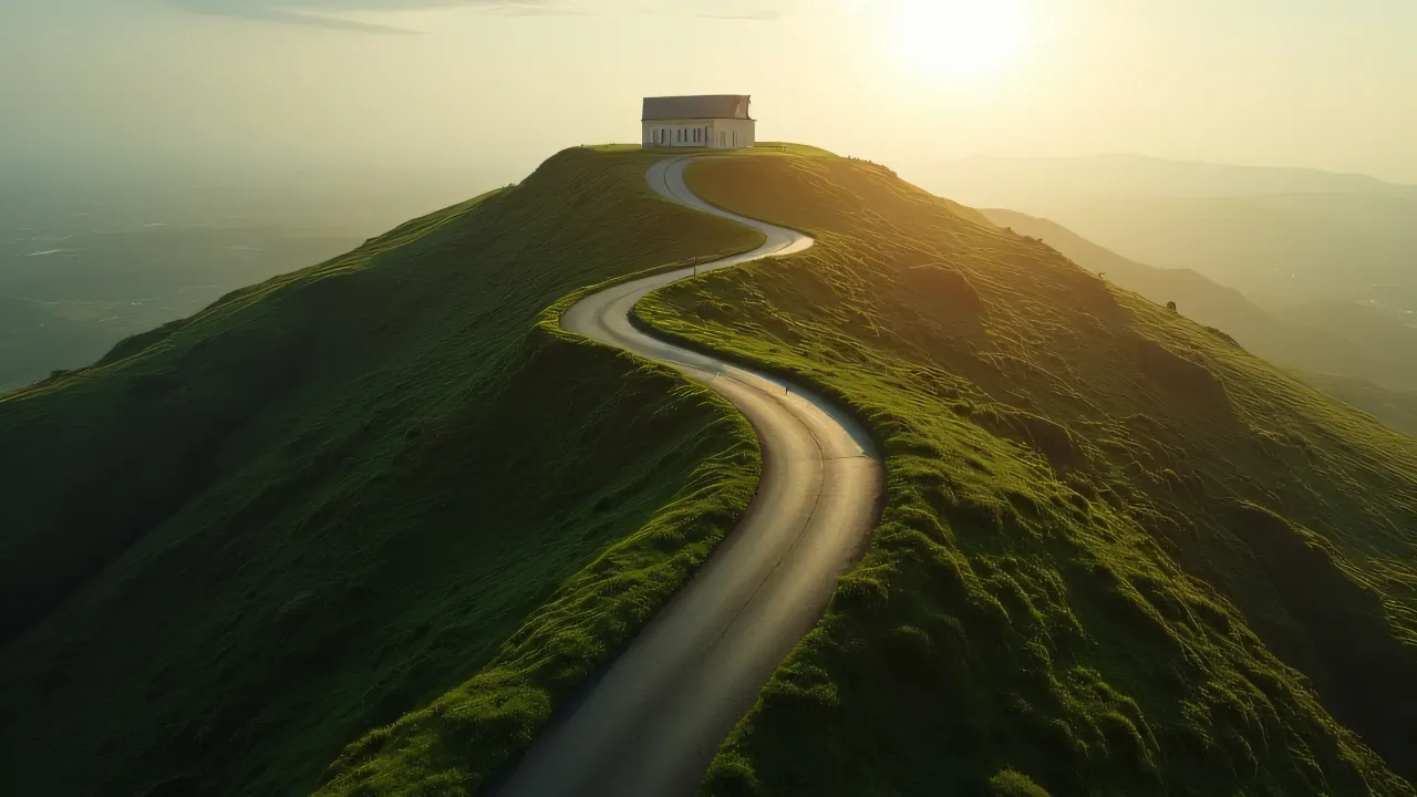 Aerial perspective of a winding road leading to a building on a grassy hill under low sunlight.