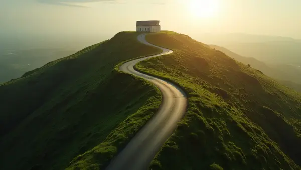 Winding Road Aerial View Toward Hilltop Building