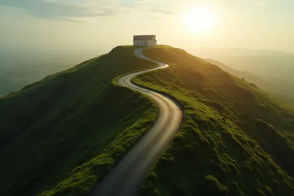 Winding Road Aerial View Toward Hilltop Building