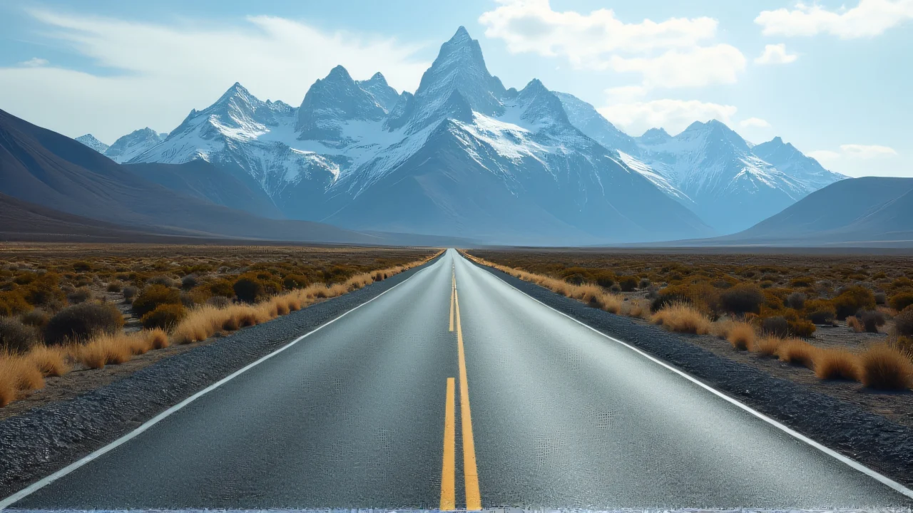 A winding road leads towards jagged mountains under a bright blue sky.