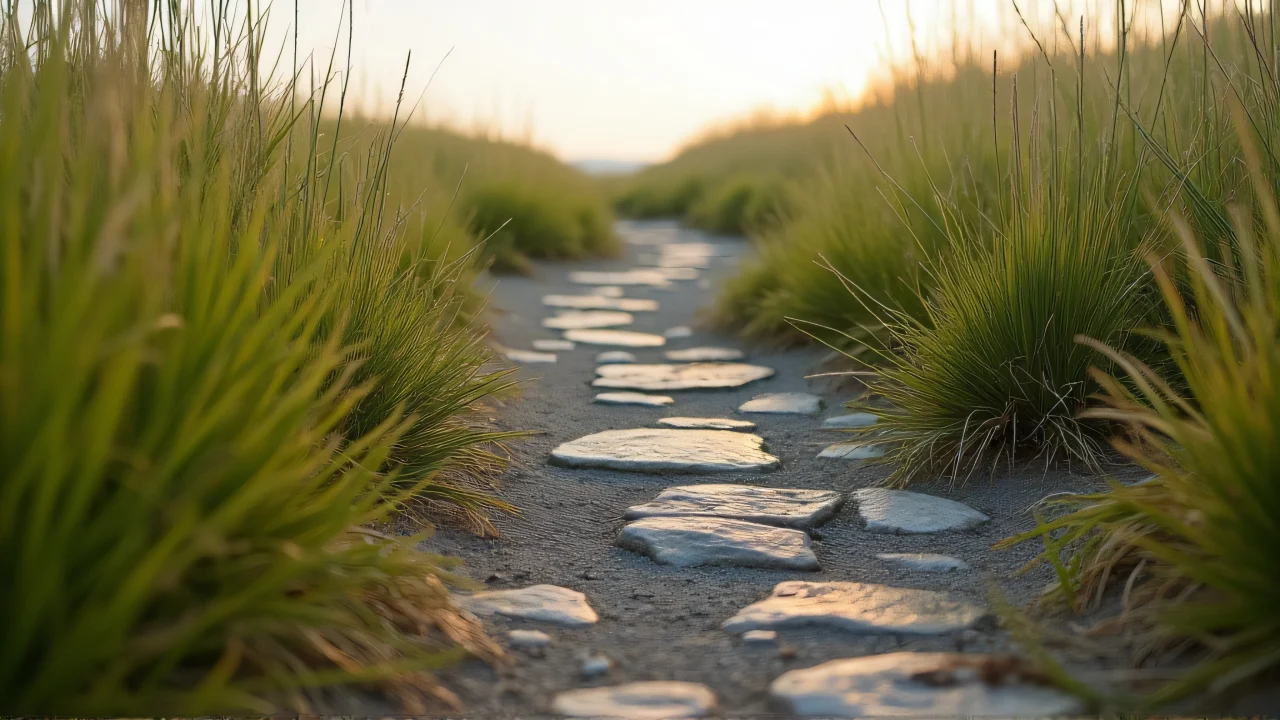 A winding rocky pathway leads through tall grass towards the distant horizon under natural light.