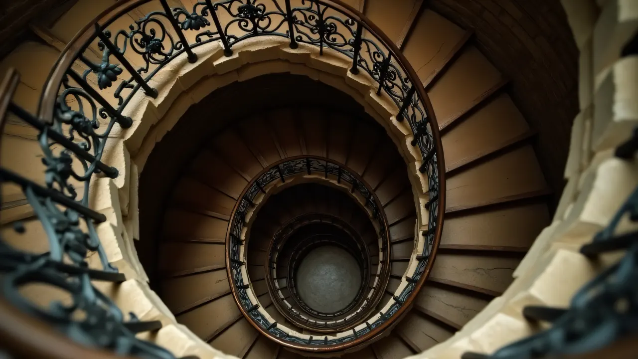 A winding spiral staircase from above, showcasing iron balustrade and worn wooden steps under soft light.