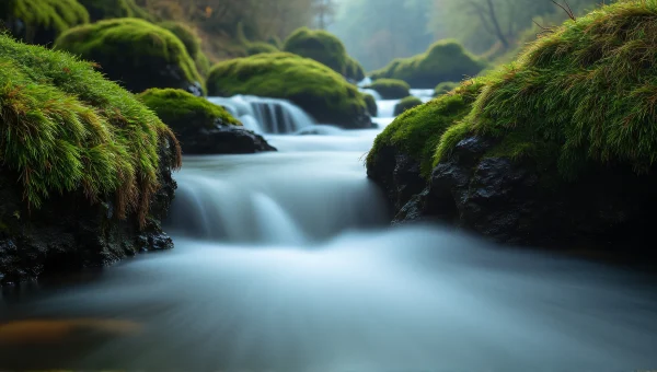 Winding Stream Through Mossy Rocks In Misty Light