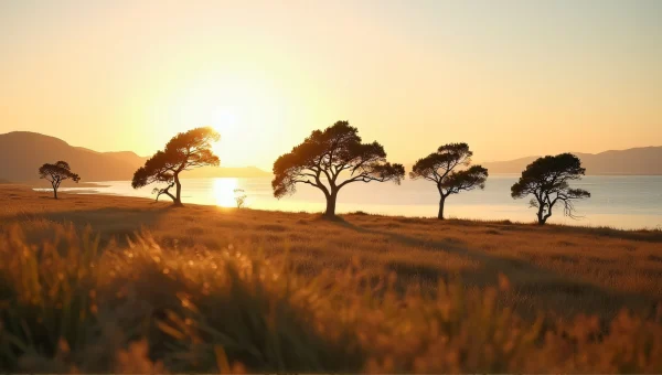 Windswept Field Trees Calm Shoreline Golden Hour
