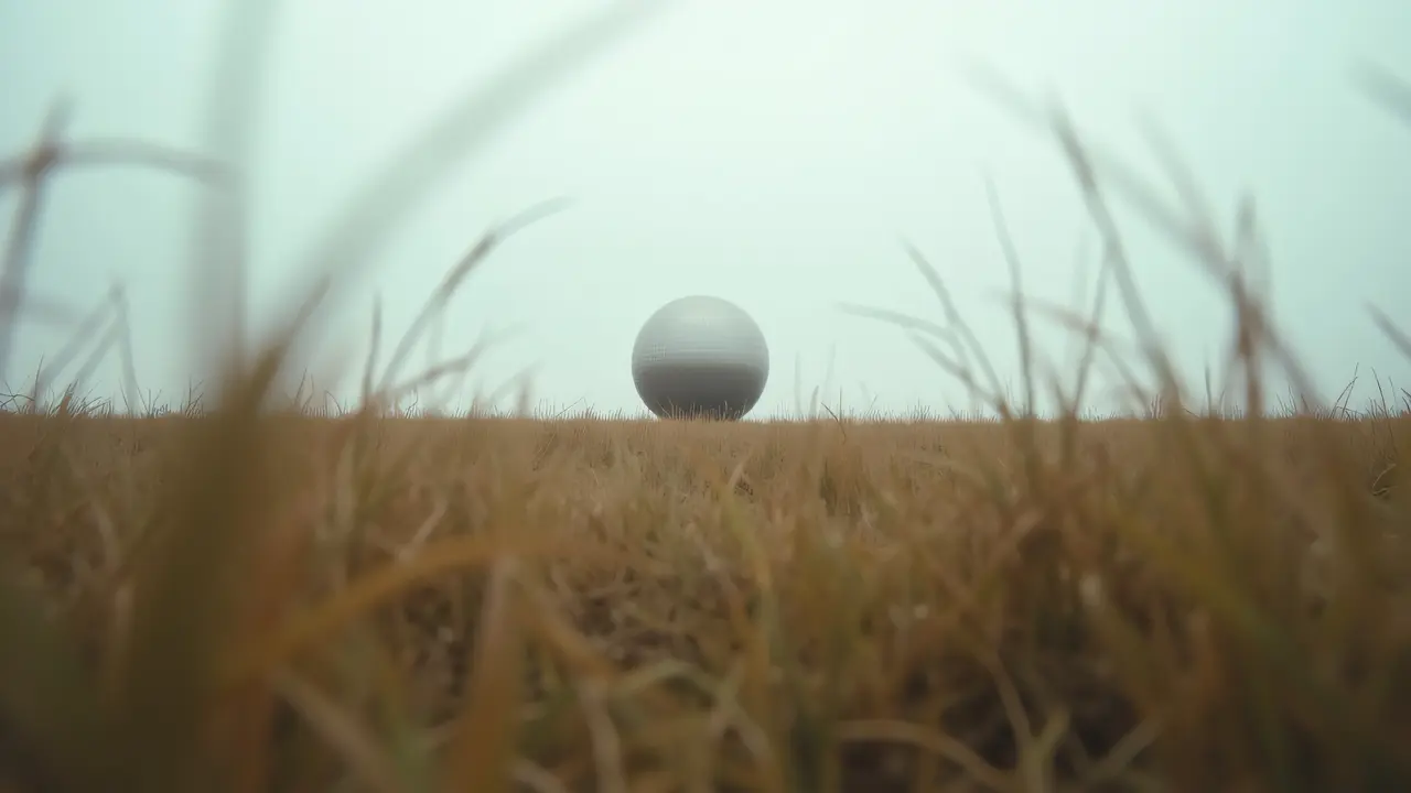 Wide-angle view of a grassy field leading to a spherical structure beneath an overcast sky.