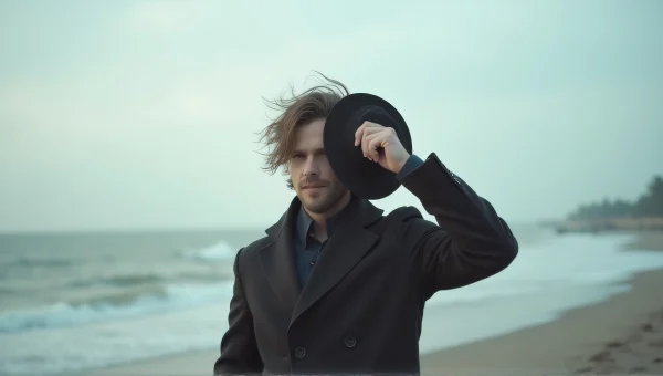 Windy Shoreline Man Holding Hat Against Wind