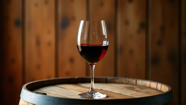 Wine Glass on Oak Barrel with Warm Lighting