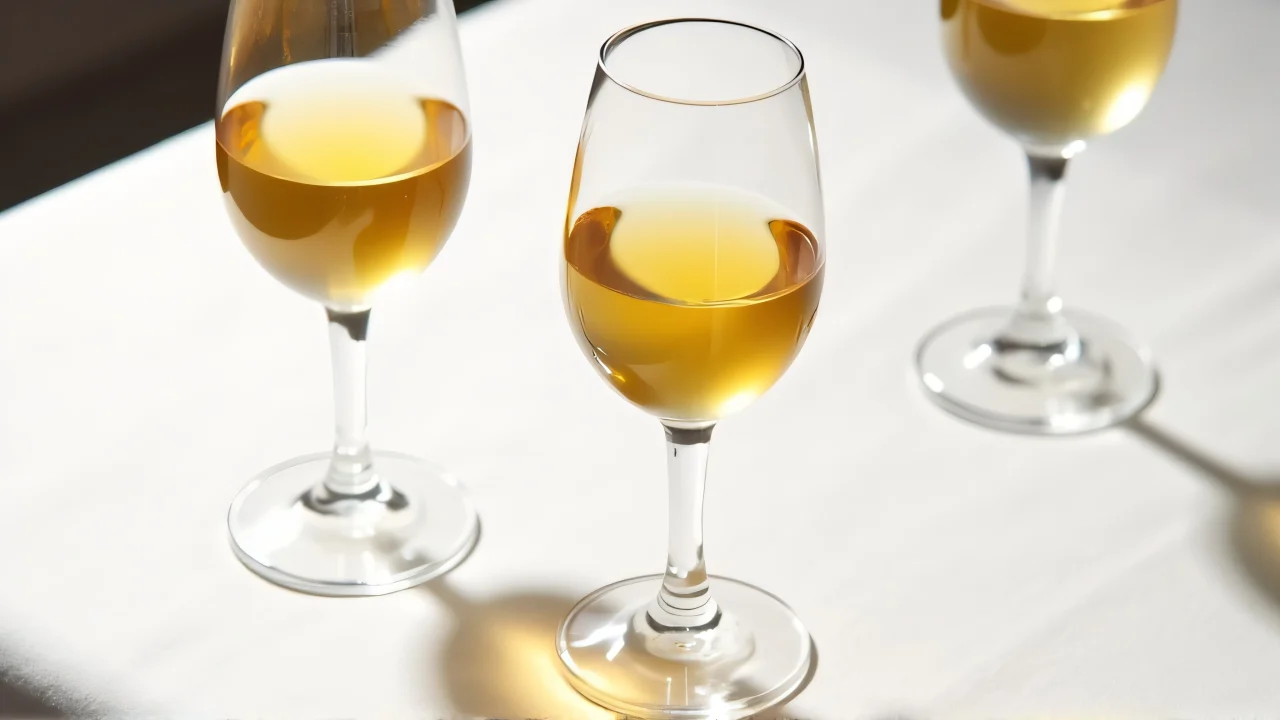 Three clear wine glasses filled with gold liquid on a white cloth-covered table.