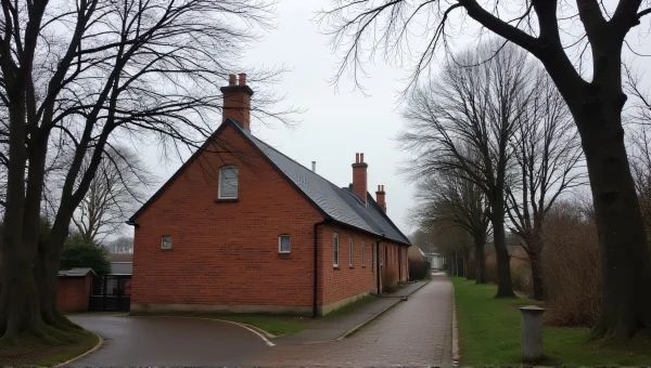 Winter Trees By Brick Building In Cobblestone Alley