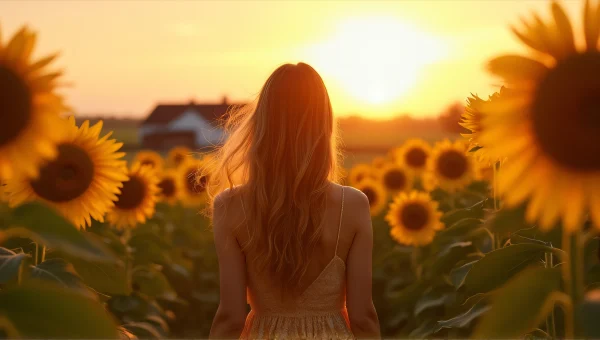Woman Among Sunflowers at Golden Hour Light