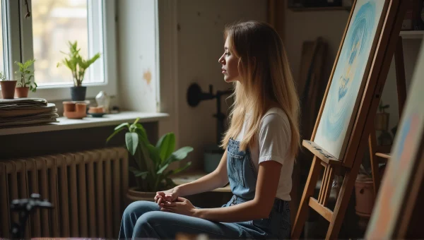 Woman Artist in Studio with Painting Easels
