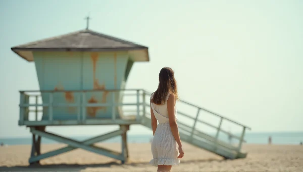 Woman at Lifeguard Tower on Sandy Beach
