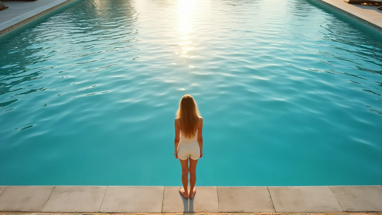 A woman stands barefoot at a concrete poolside, enjoying the morning sunlight reflecting on the water.