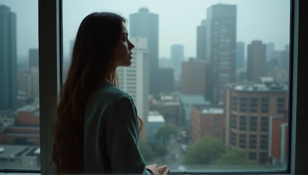 Woman at Rainy Window with Urban Reflection