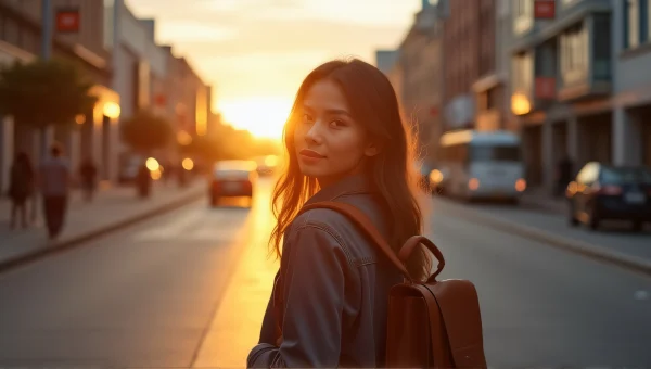 Woman Backpack City Sidewalk Golden Hour