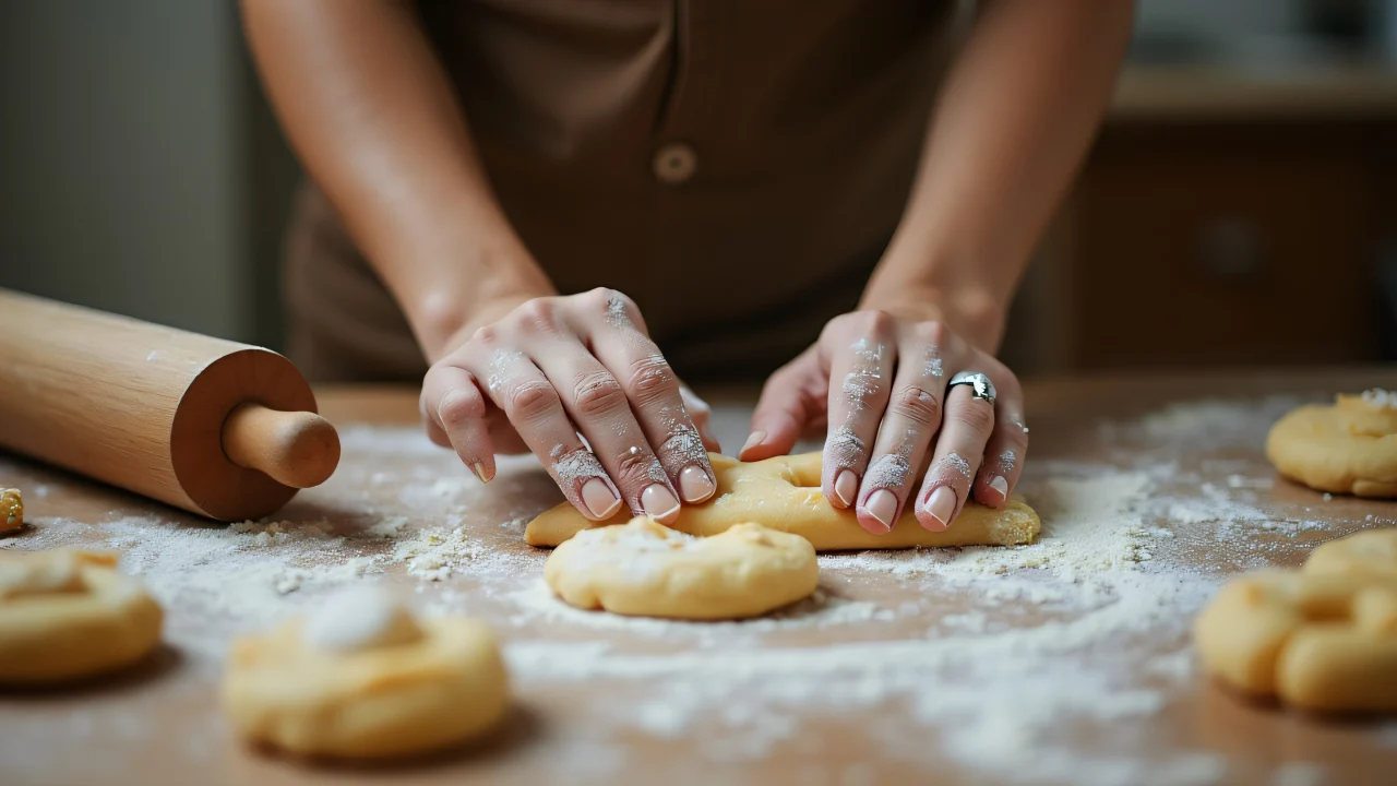 A woman shapes pastries on a wooden table in a warm kitchen, hands dusted with flour and tools nearby.