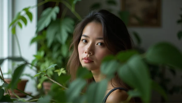 Woman Behind Indoor Plants Soft Light Portrait