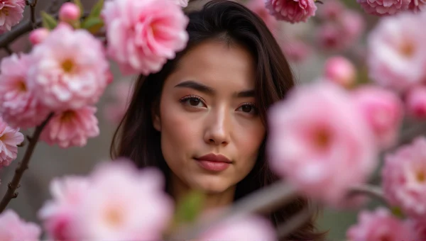 Woman Behind Pink Blossoms Portrait Soft Light
