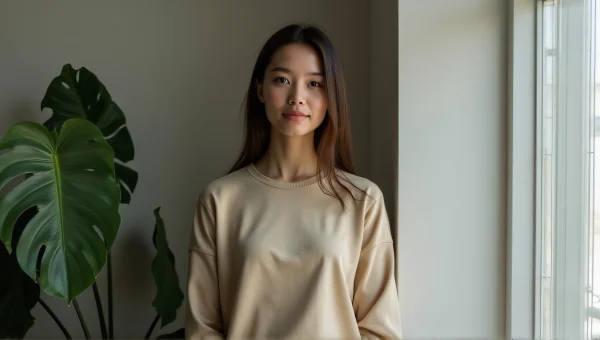 Woman in Beige Top Beside Monstera Plant