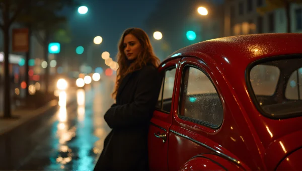 Woman Beside Vintage Car in Rainy City Night