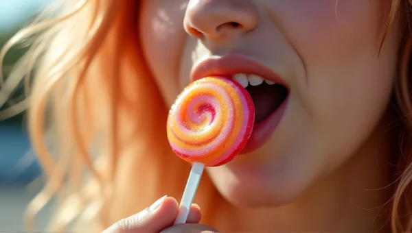 Woman Biting Lollipop Close-Up With Windy Hair