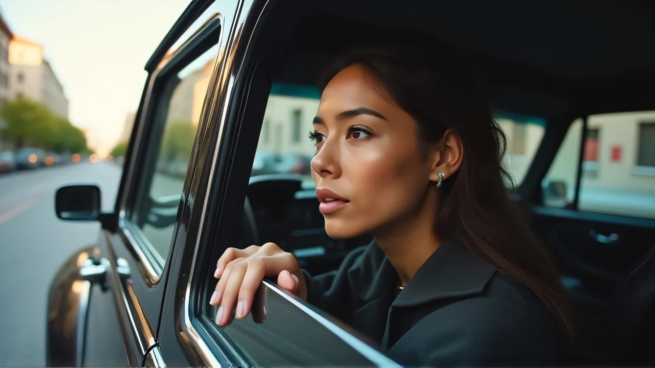 A woman gazes out of a black car window, reflecting city life.