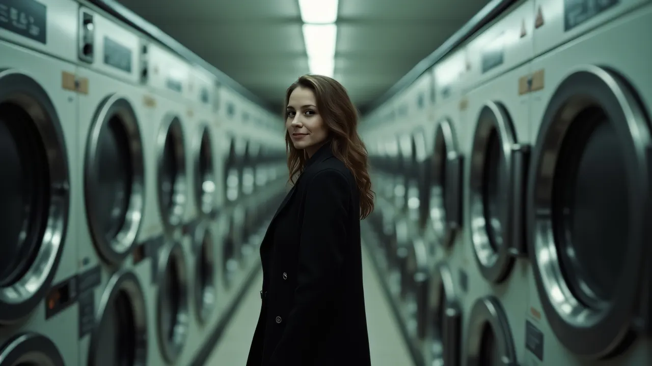 A woman in a black coat stands near stacked washer-dryers in a laundromat.