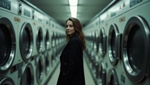 Woman in Black Coat at Laundromat Aisle