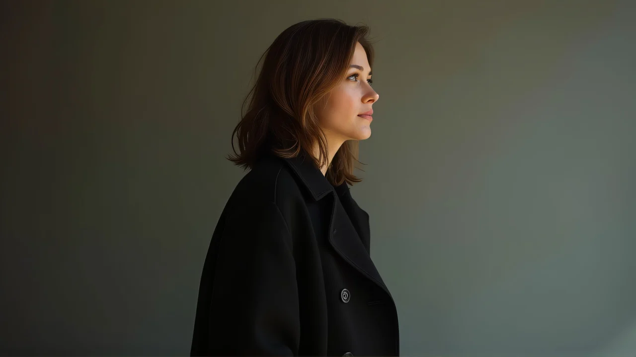 A woman wearing a black coat shows a candid expression in soft sidelighting.