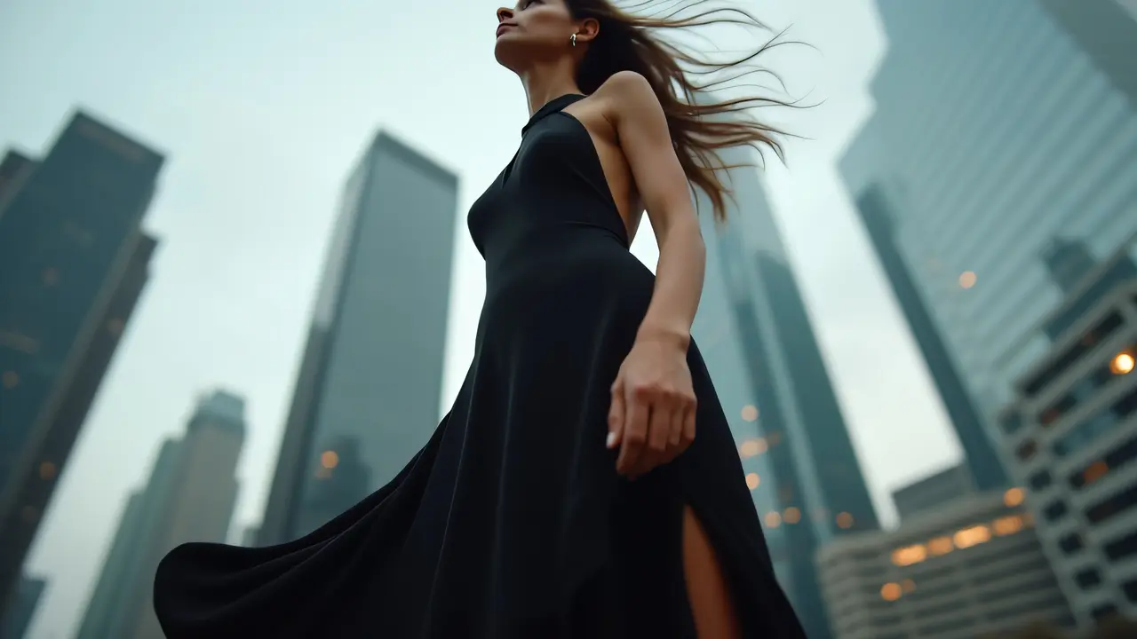 A woman in a black halterneck dress stands against a blurred city skyline.