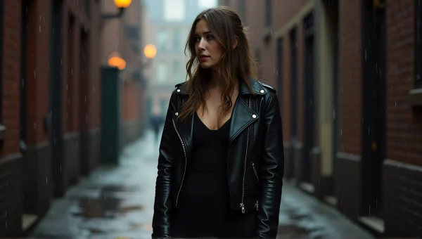 Woman In Black Dress And Leather Jacket Outdoors