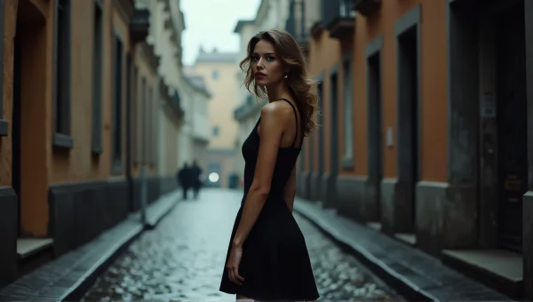 Woman Black Dress Rainy Cobblestone Street