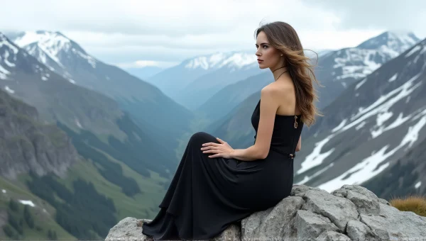 Woman In Black Dress Seated On Rock In Snowy Valley