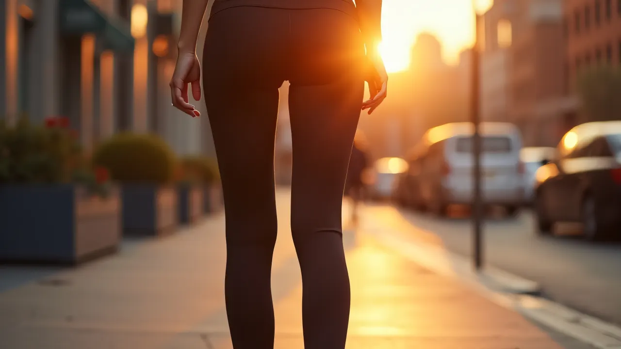 A woman in black leggings stands on an urban sidewalk during golden hour, showcasing a relaxed and confident pose.