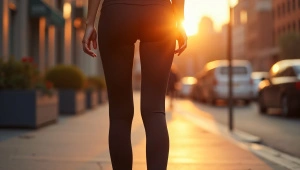 Woman in Black Leggings at Urban Sidewalk Golden Hour